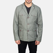 Close-Up Detail of Notch &amp; Button Hardware on Kajetan Grey Safari 真皮夹克 男士