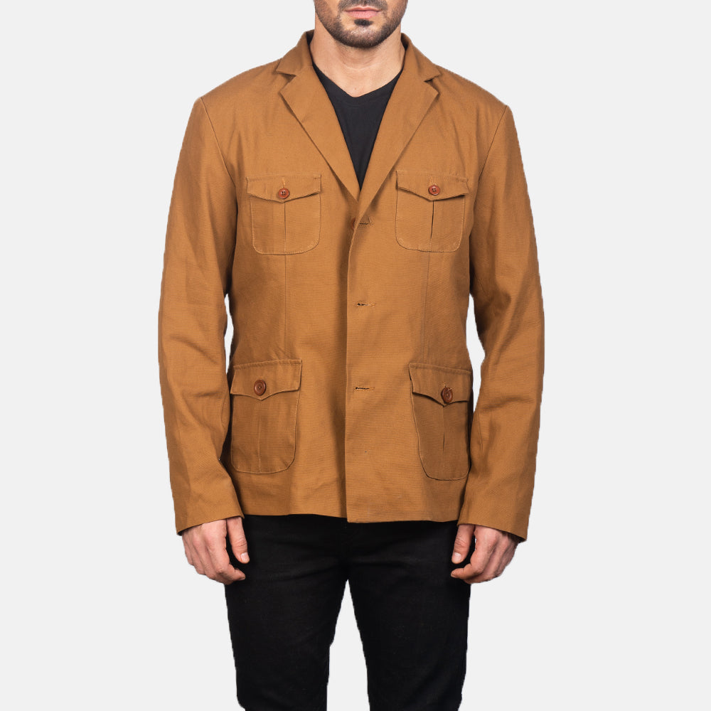 
Kajetan Khaki Safari 真皮夹克 男士 in Khaki Poly-Cotton - 正面版型与定制立体剪裁轮廓 | 官方商城选购