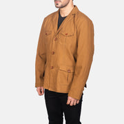 
Khaki Poly-Cotton Leather Blazer - 展现肩线贴合与利落下摆的背部视角
