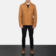 
Kajetan Khaki Safari 真皮夹克 男士 - 展现立体袖型与合身版型的侧身视角