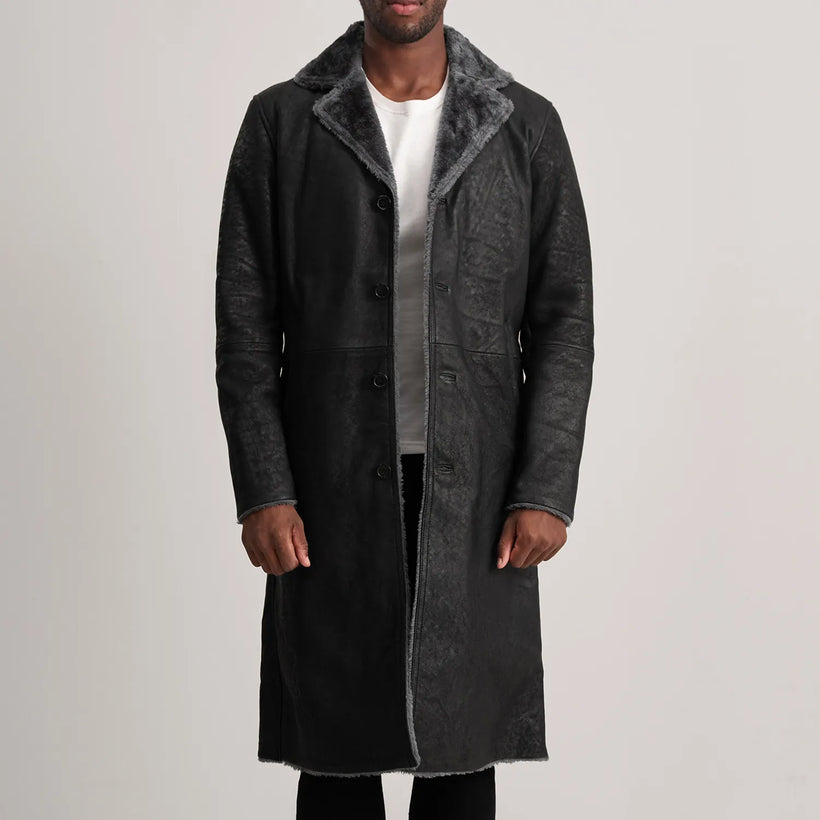 Kolby Distressed 经典黑 Leather Shearling 真皮大衣 男士