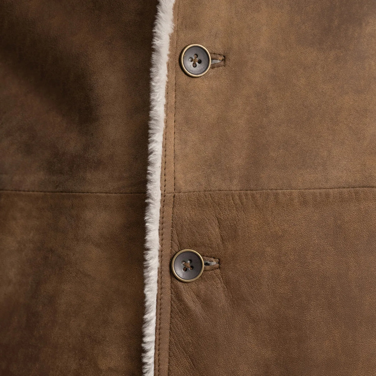 
细节特写 of Notch & Button Hardware on Kolby Distressed Brown Shearling Long Coat