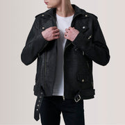 
Kole Distressed 经典黑 Leather Double Rider 真皮夹克 男士 in Distressed Black Sheepskin Snuffed - 正面版型与定制立体剪裁轮廓 | 官方商城选购