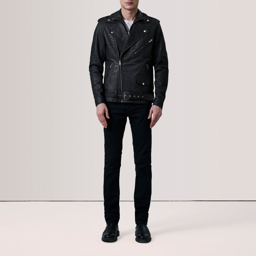 Kole Distressed 经典黑 Leather Double Rider 真皮夹克 男士