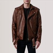 
Kole Waxed 复古棕 Leather Double Rider 真皮夹克 男士 in Distressed Brown Sheepskin Burnished - 正面版型与定制立体剪裁轮廓 | 官方商城选购