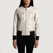 
Silver Sheepskin Leather Bomber Jacket - 展现肩线贴合与利落下摆的背部视角