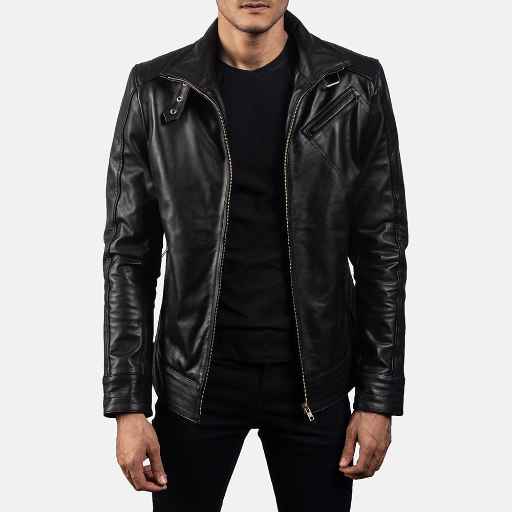 Men's Legacy 黑色 真皮机车夹克 男士 in Black Cowhide Leather - Front Profile View &amp; Tailored Silhouette | Buy Online