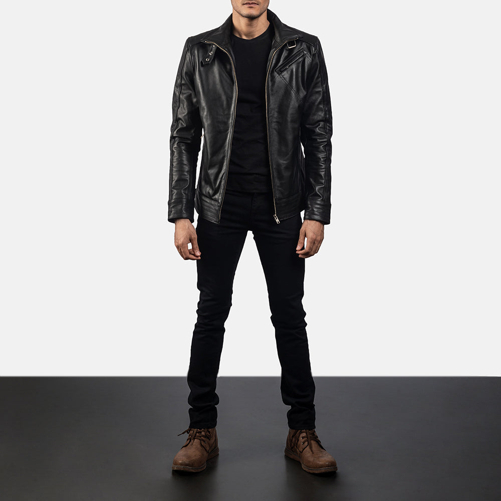Men's Legacy 黑色 真皮机车夹克 男士 - Lateral Side Profile View Showing Sleeve Cut &amp; Athletic Taper Fit