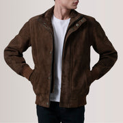 Tailored Rib Cuffs &amp; Hem Craftsmanship Construction Detail on Lester 棕色 Suede 真皮飞行员夹克 男士 For Men