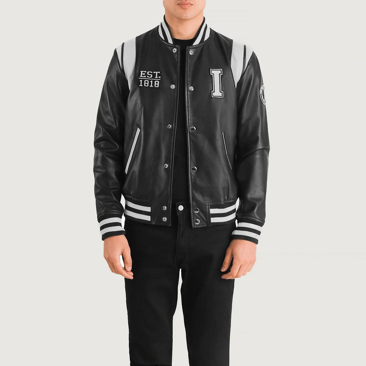 Liberte Illinois 黑色 Leather Varsity 真皮夹克 男士 in Black &amp; White Sheepskin Leather - Front Profile View &amp; Tailored Silhouette | Buy Online
