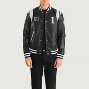Liberte Illinois 黑色 Leather Varsity 真皮夹克 男士 in Black &amp; White Sheepskin Leather - Front Profile View &amp; Tailored Silhouette | Buy Online