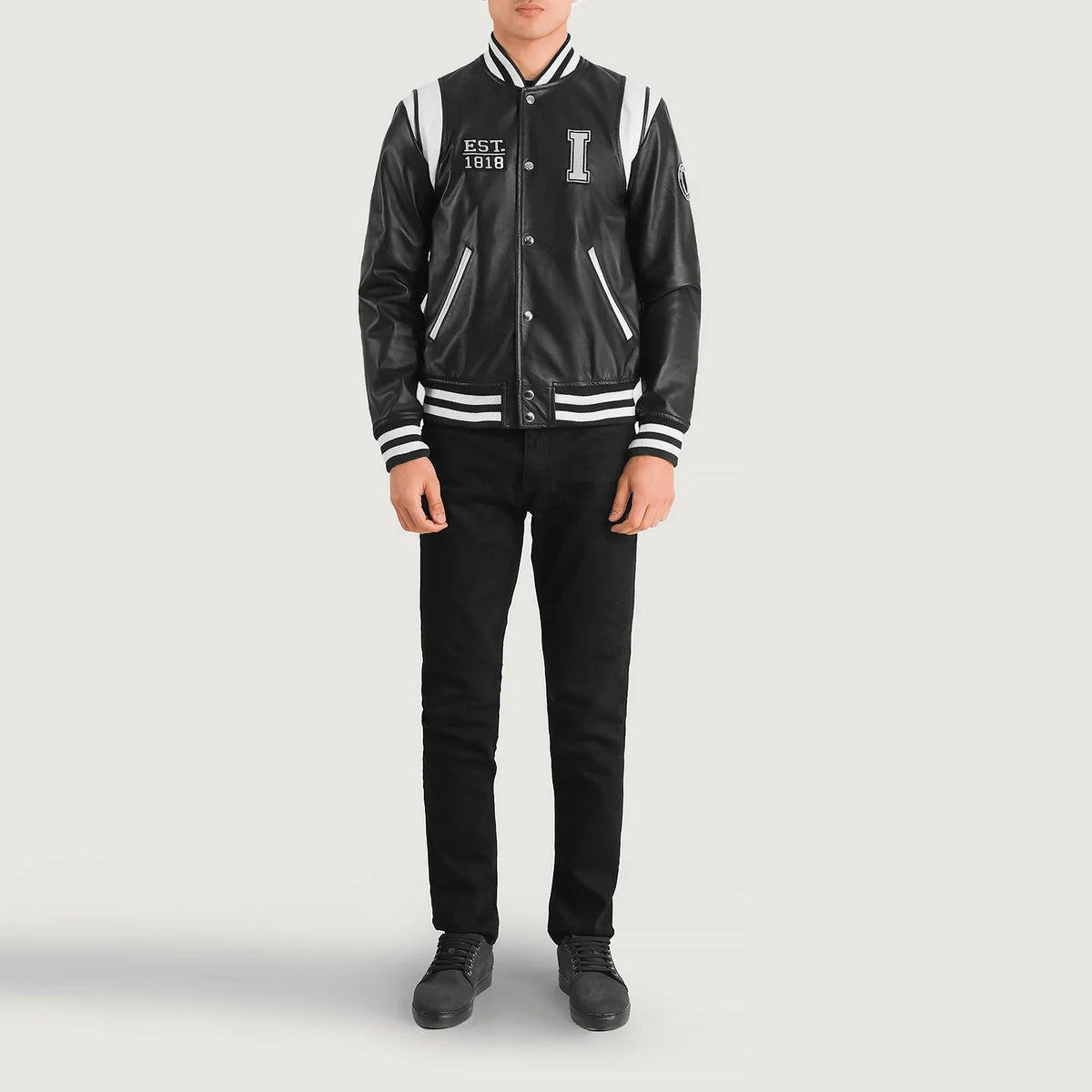 Liberte Illinois 黑色 Leather Varsity 真皮夹克 男士 - Lateral Side Profile View Showing Sleeve Cut &amp; Athletic Taper Fit