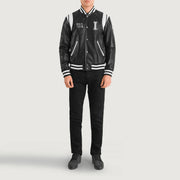 Liberte Illinois 黑色 Leather Varsity 真皮夹克 男士 - Lateral Side Profile View Showing Sleeve Cut &amp; Athletic Taper Fit