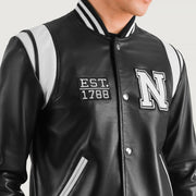 
细节特写 of Varsity & Snap Button Hardware on Liberte New York 经典黑 Leather Varsity 真皮夹克 男士