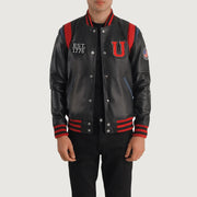 
Liberte USA Black Leather Varsity Jacket in Black Sheepskin Leather - 正面版型与定制立体剪裁轮廓 | 官方商城选购