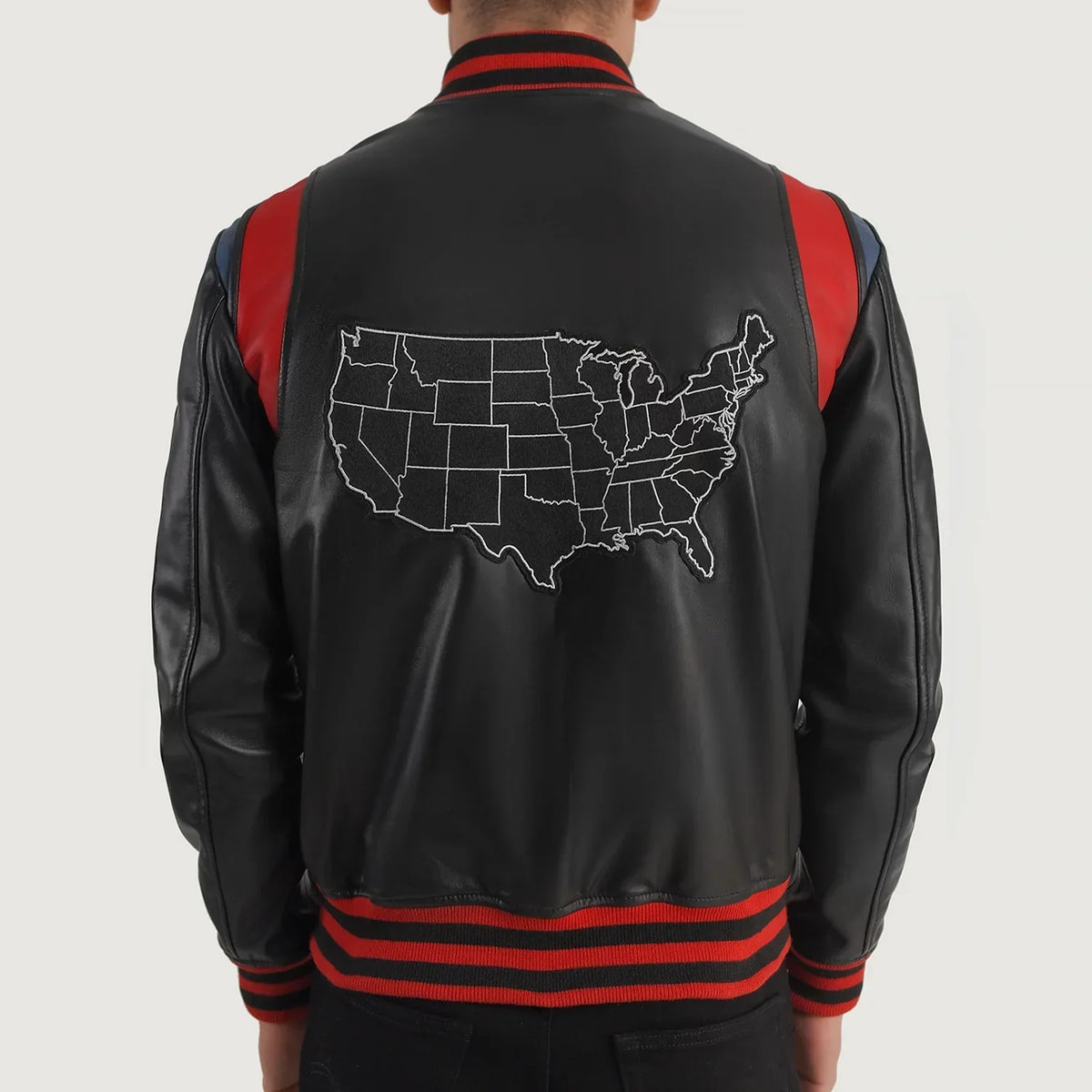 
Liberte USA Black Leather Varsity Jacket - 展现立体袖型与合身版型的侧身视角