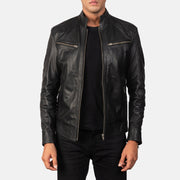 Men's Mack 黑色 真皮机车夹克 男士 in Black Goatskin Leather - Front Profile View &amp; Tailored Silhouette | Buy Online