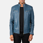 Mack Blue 真皮机车夹克 男士 in Blue Sheepskin Leather - Front Profile View &amp; Tailored Silhouette | Buy Online