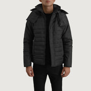 
Malcolm 经典黑 Hooded Puffer 真皮夹克 男士 经典黑色头层牛皮 - 正面版型与定制立体剪裁轮廓 | 官方商城选购