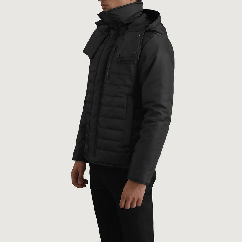 Malcolm 经典黑 Hooded Puffer 真皮夹克 男士