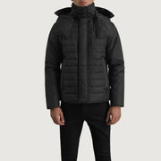 
细节特写 of Classic Collar & Zipper With Placket Hardware on Malcolm 经典黑 Hooded Puffer 真皮夹克 男士