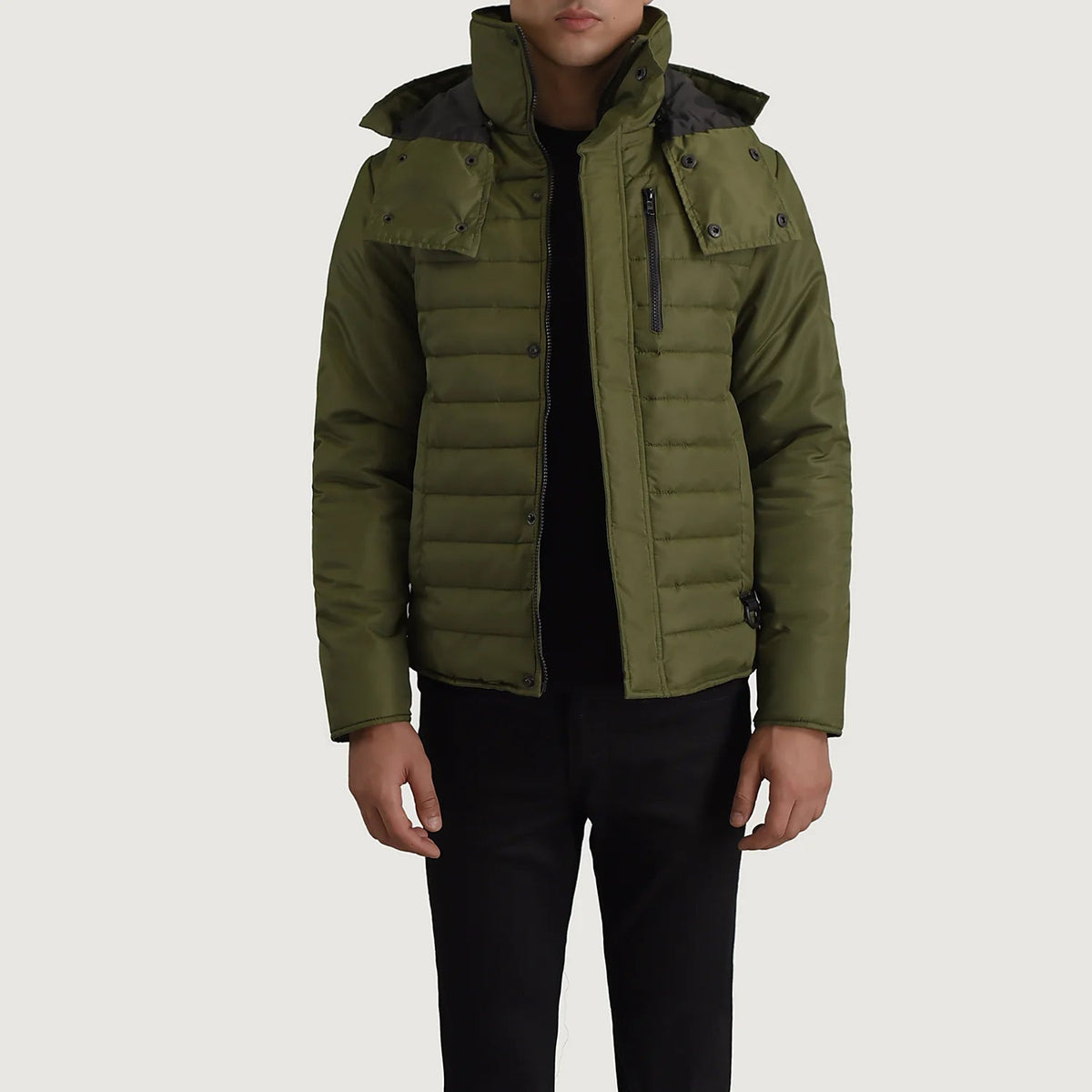 
Malcolm 墨绿色 Hooded Puffer 真皮夹克 男士 in Green Full-Grain Leather - 正面版型与定制立体剪裁轮廓 | 官方商城选购