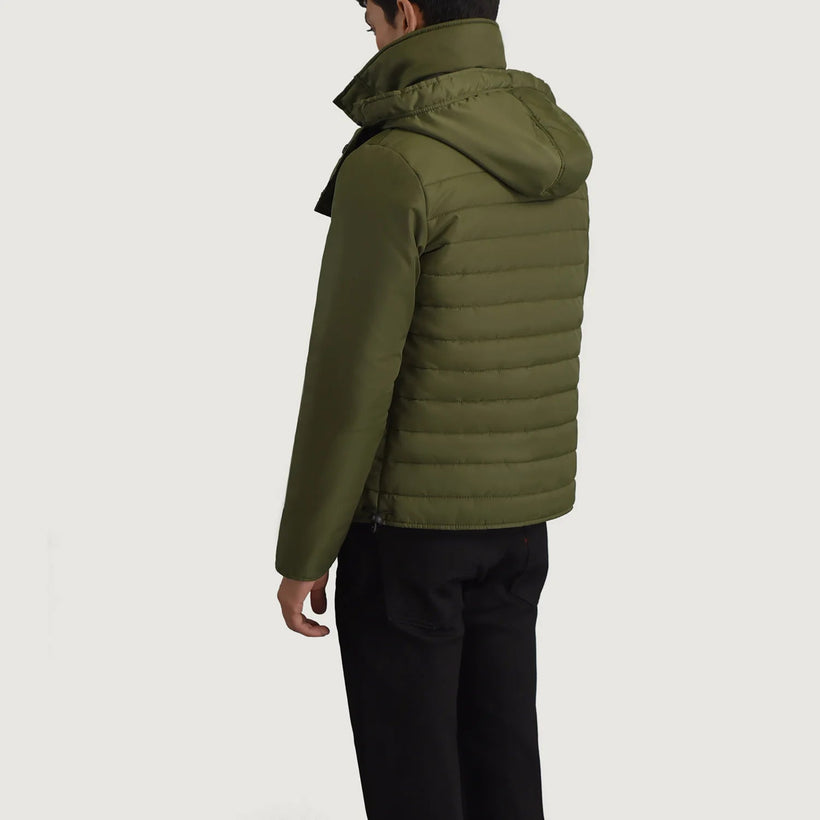Malcolm 墨绿色 Hooded Puffer 真皮夹克 男士