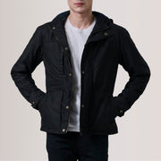 Marlo 黑色 Canvas Hooded Work 真皮夹克 男士 For Men in Black Waxed Cotton Canvas - Front Profile View &amp; Tailored Silhouette | Buy Online
