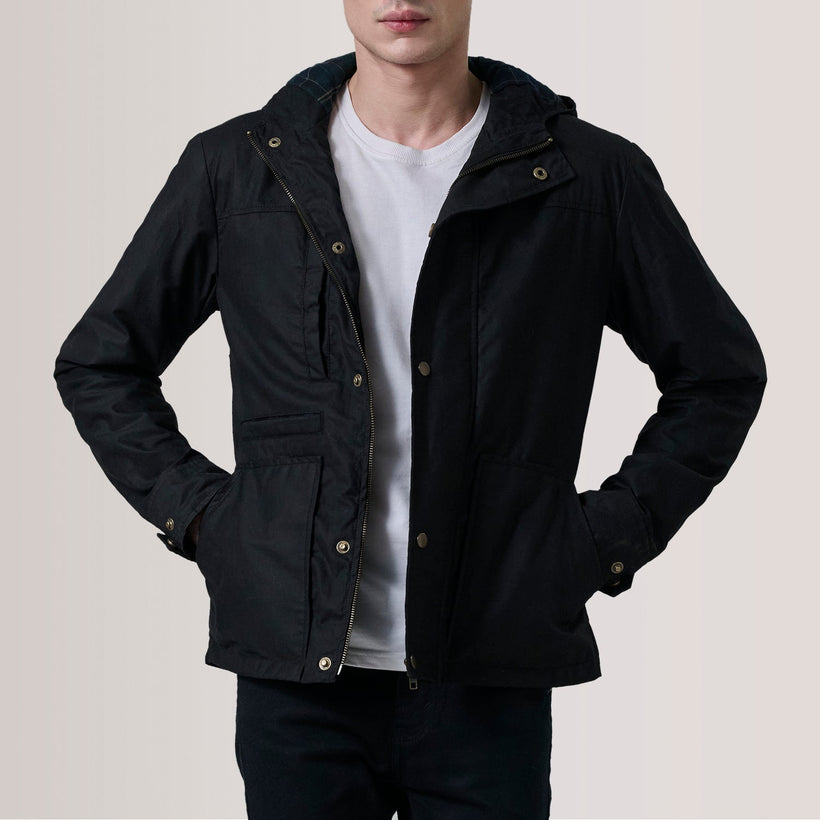 Marlo 经典黑 Canvas Hooded Work 真皮夹克 男士