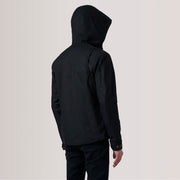 Close-Up Detail of Hooded &amp; Zipper with placket Hardware on Marlo 黑色 Canvas Hooded Work 真皮夹克 男士 For Men