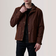 Marlo 棕色 Canvas Hooded Work 真皮夹克 男士 For Men in Brown Waxed Cotton Canvas - Front Profile View &amp; Tailored Silhouette | Buy Online