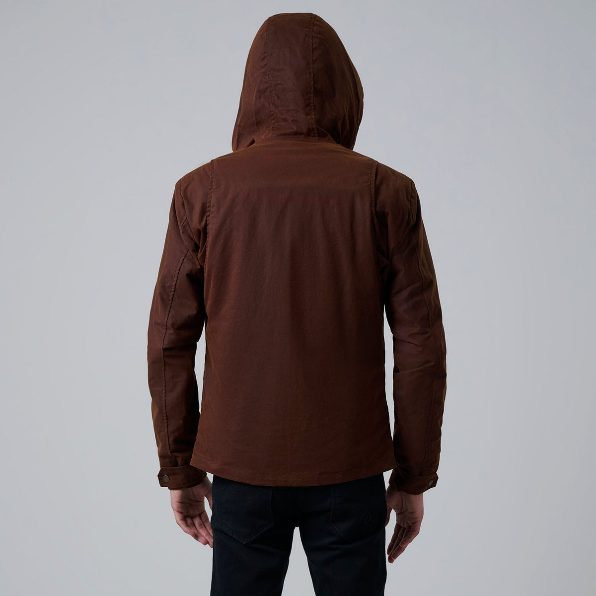Close-Up Detail of Hooded &amp; Zipper with placket Hardware on Marlo 棕色 Canvas Hooded Work 真皮夹克 男士 For Men