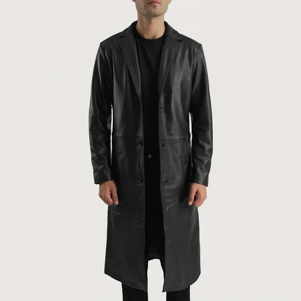
Mateo Black Leather Single Breasted Coat in Black Cowhide Leather - 正面版型与定制立体剪裁轮廓 | 官方商城选购