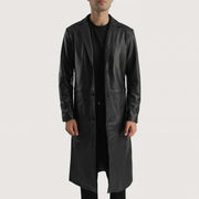 
Mateo Black Leather Single Breasted Coat in Black Cowhide Leather - 正面版型与定制立体剪裁轮廓 | 官方商城选购
