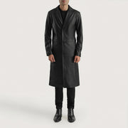 
Mateo Black Leather Single Breasted Coat - 展现立体袖型与合身版型的侧身视角