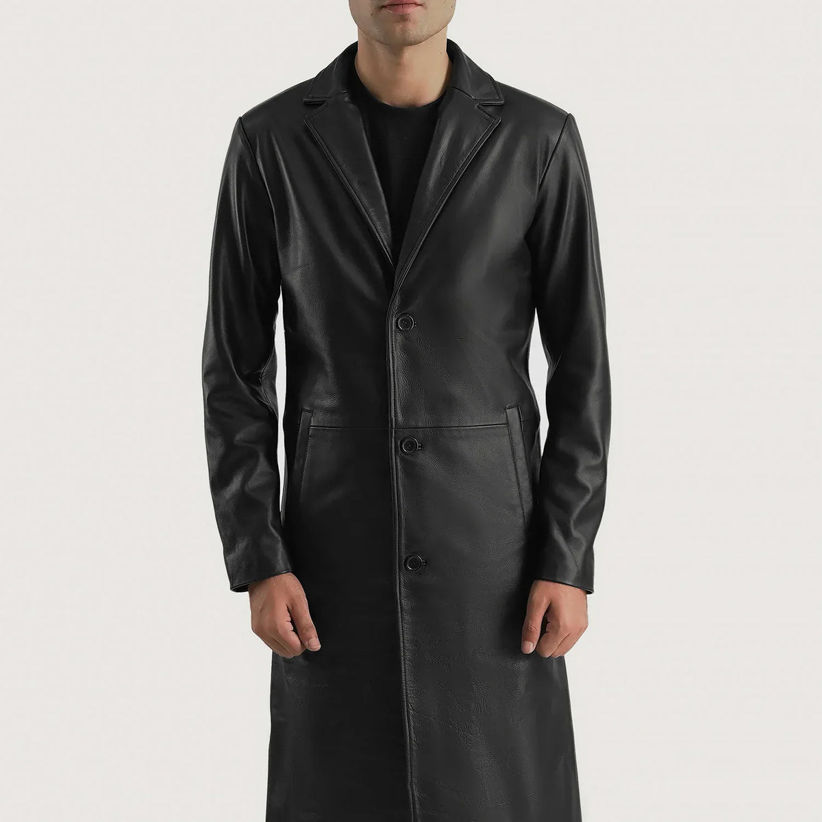 
细节特写 of Notch & Button Hardware on Mateo Black Leather Single Breasted Coat