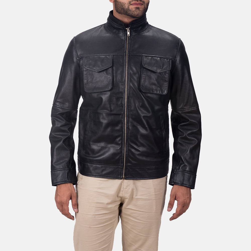 
Maurice 经典黑 真皮夹克 男士 in Black Sheepskin Leather - 正面版型与定制立体剪裁轮廓 | 官方商城选购