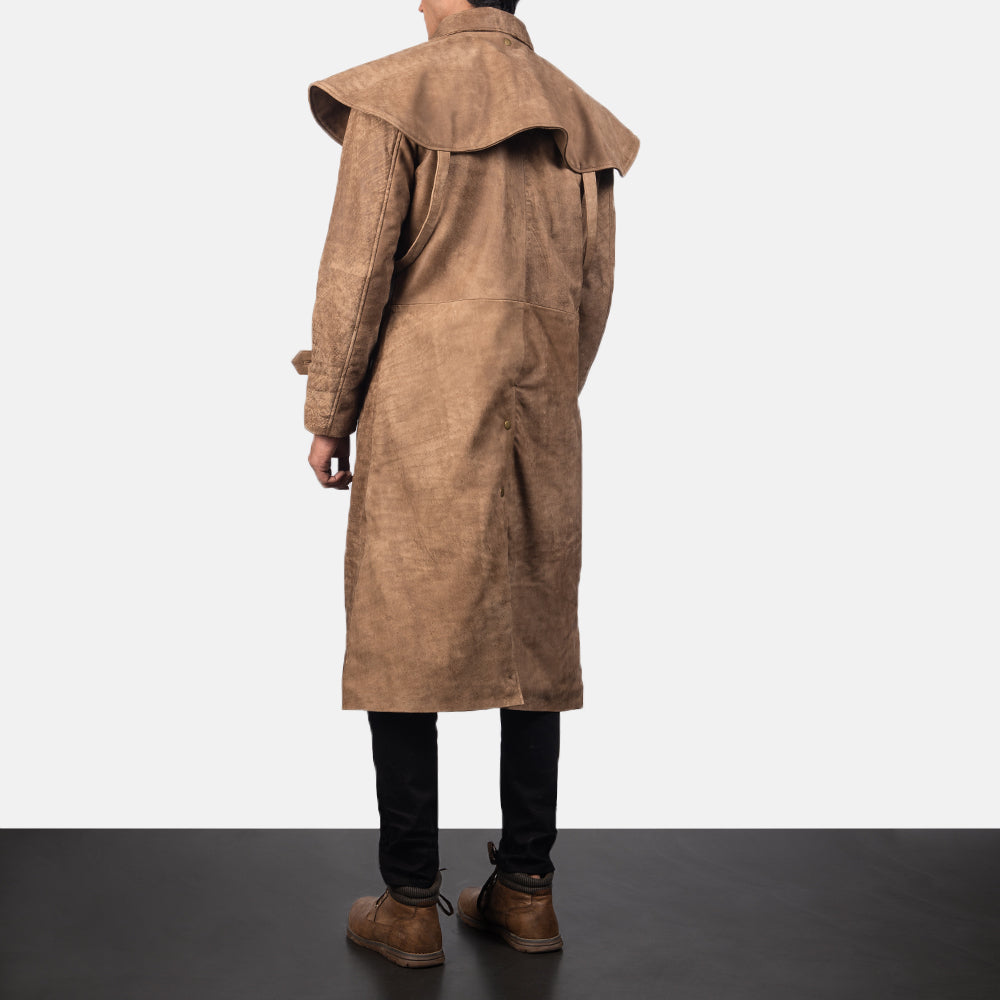Men's Maverick 棕色 Leather Duster 男士 - Lateral Side Profile View Showing Sleeve Cut &amp; Athletic Taper Fit