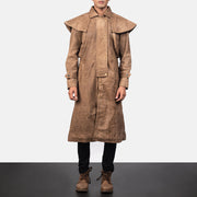 Close-Up Detail of Shirt &amp; Heavy-Duty Zipper Hardware on Men's Maverick 棕色 Leather Duster 男士