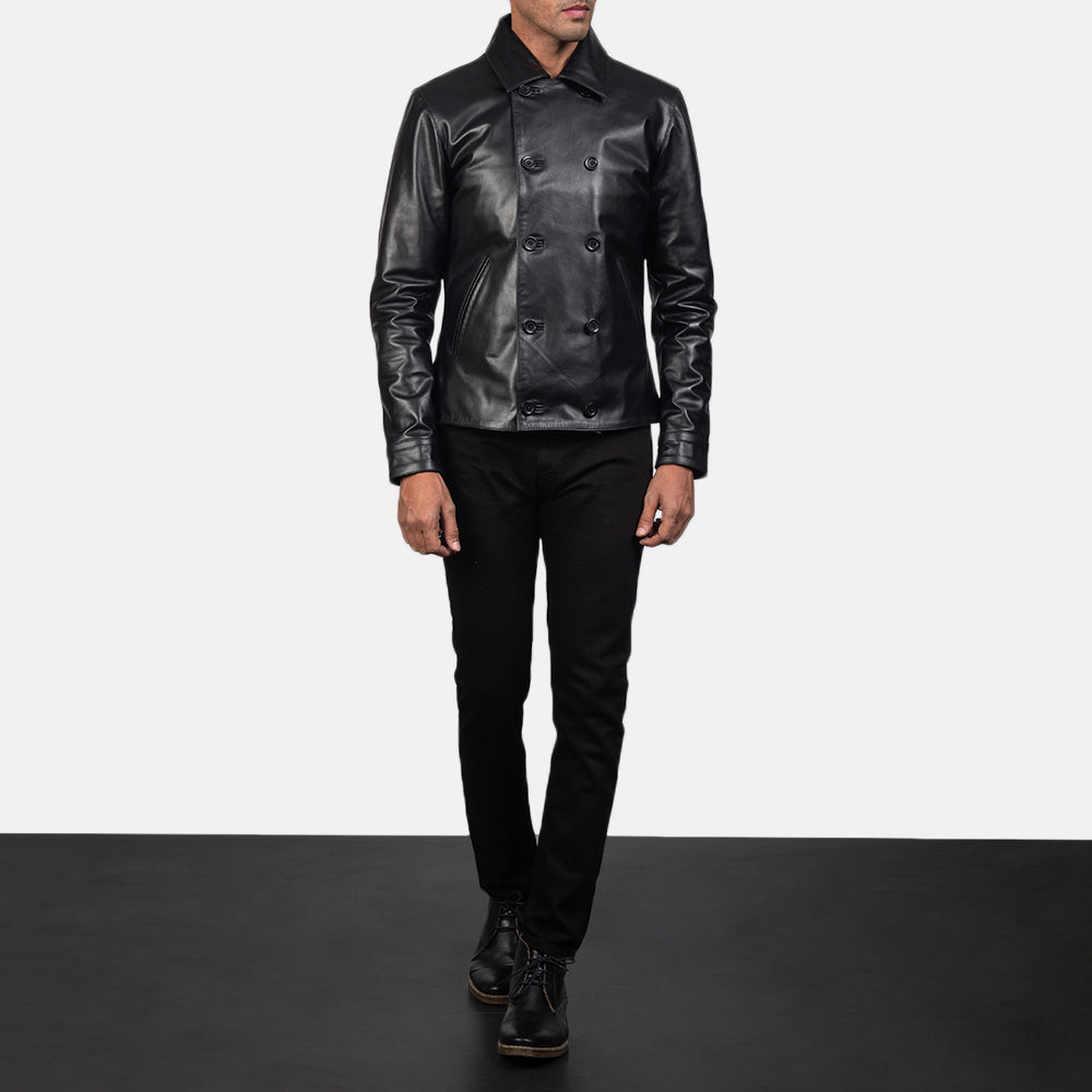 Mod 黑色 Leather Peacoat 男士 - Lateral Side Profile View Showing Sleeve Cut &amp; Athletic Taper Fit