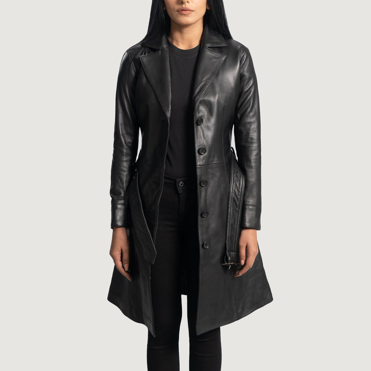 Women's Moonlight 黑色 真皮长款风衣 女士 in Black Sheepskin Leather - Front Profile View &amp; Tailored Silhouette | Buy Online
