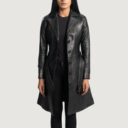 Women's Moonlight 黑色 真皮长款风衣 女士 in Black Sheepskin Leather - Front Profile View &amp; Tailored Silhouette | Buy Online
