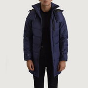 
Moore 深海蓝 Hooded Parka 男士 in Blue Full-Grain Leather - 正面版型与定制立体剪裁轮廓 | 官方商城选购