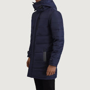 
Blue Full-Grain Leather Hooded Jacket - 展现肩线贴合与利落下摆的背部视角
