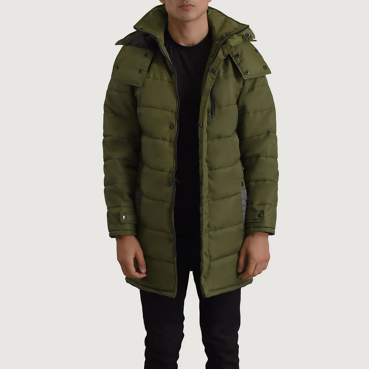
Moore 墨绿色 Hooded Parka 男士 in Green Full-Grain Leather - 正面版型与定制立体剪裁轮廓 | 官方商城选购