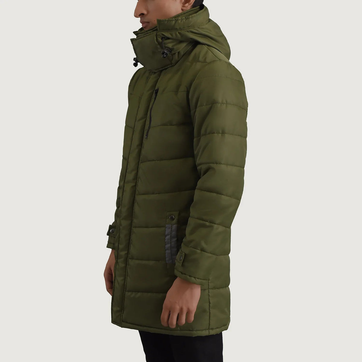 
Green Full-Grain Leather Hooded Jacket - 展现肩线贴合与利落下摆的背部视角