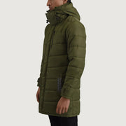 
Green Full-Grain Leather Hooded Jacket - 展现肩线贴合与利落下摆的背部视角