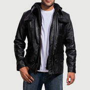 Men's Moulder Hooded 黑色 真皮夹克 男士 in Black Cowhide Leather - Front Profile View &amp; Tailored Silhouette | Buy Online