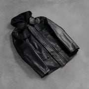 Zipper &amp; Hem Craftsmanship Construction Detail on Men's Moulder Hooded 黑色 真皮夹克 男士