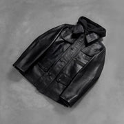 Styled Fit Perspective of Men's Moulder Hooded 黑色 真皮夹克 男士 on Model - Natural Daylight Drape